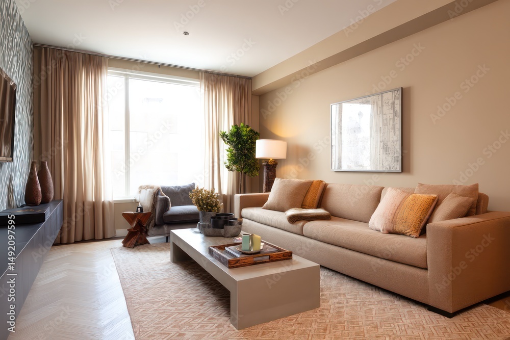 Fototapeta premium Modern living room with tan walls, clean lines, and a cozy atmosphere for relaxation.