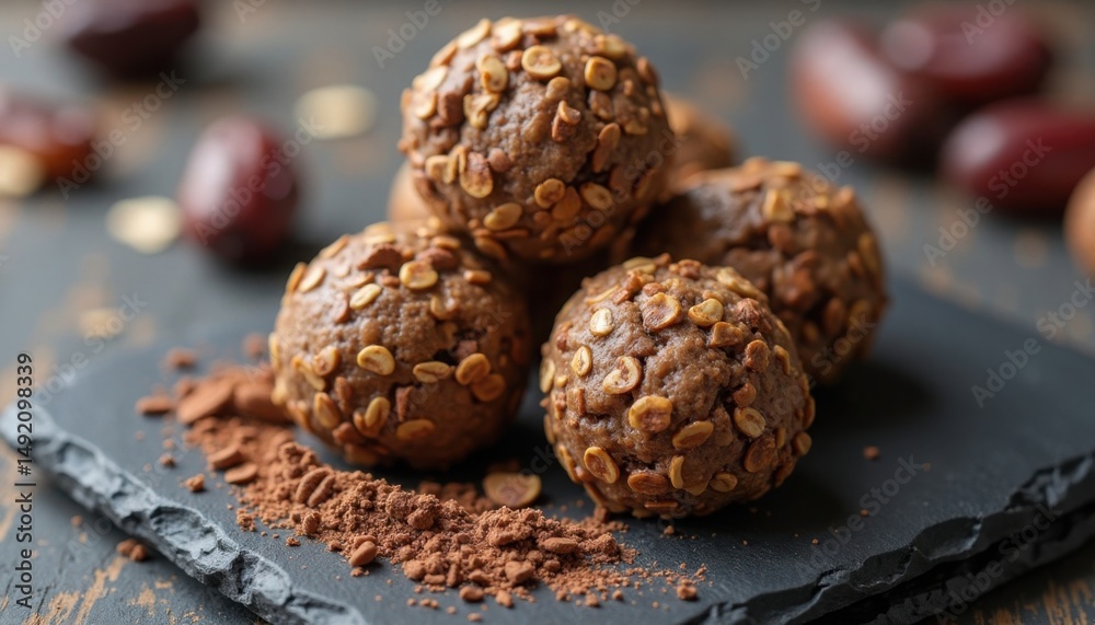Obraz premium A delectable stack of date energy balls covered in hazelnuts sits atop a dark slate slab.