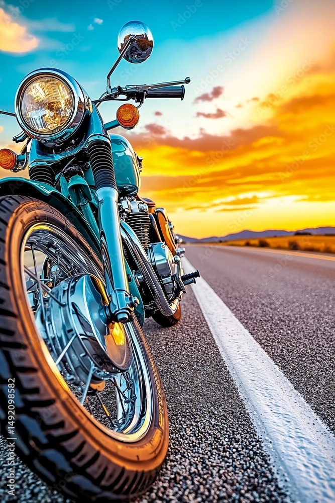 Naklejka premium A motorcycle parked on the side of a road at sunset