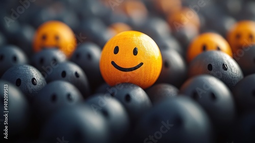 Orange smiley ball standing out among black balls in a crowd of differences