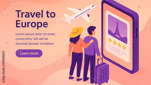 colorful vector-style digital illustration promoting travel to Europe.