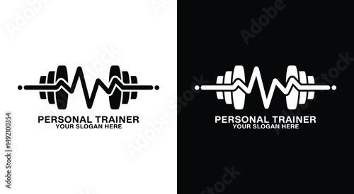 Personal Trainer Logo Bold Black Dumbbell Heartbeat Symbol for Fitness Coaches and Health Brands