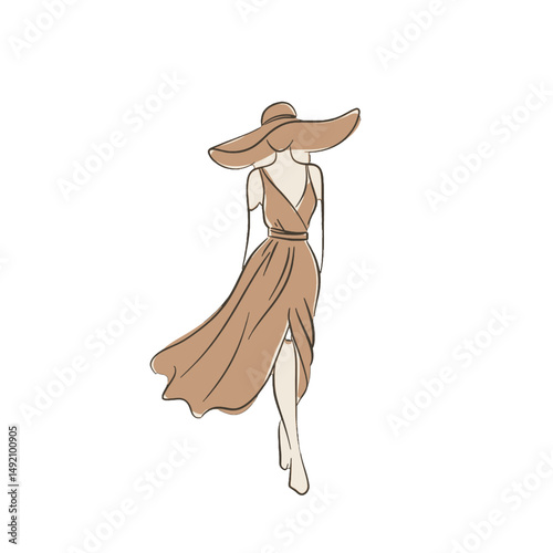 Elegant Woman in Dress and Sun Hat - Fashion Illustration