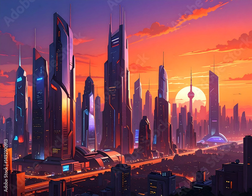 New York City's urban architecture and skyscrapers form a dramatic skyline at sunset, the dusk sky painting a vibrant cityscape over the river photo