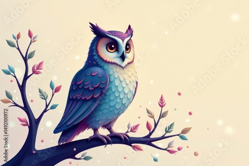 A Serene Blue Owl Perched on a Branch Adorned with Colorful Leaves Against a Soft, Pastel Background