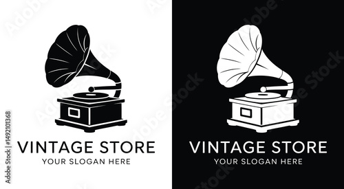 Vintage Store Logo Bold Black Gramophone Suitcase Symbol for Retro Shops and Collectible Brands
