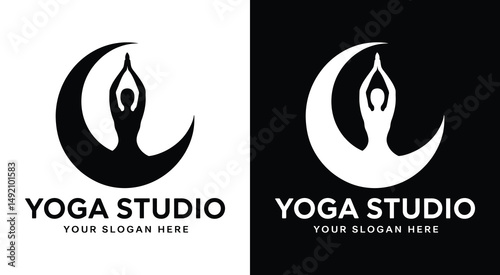 Yoga Studio Logo Bold Black Pose Moon Design for Mind-Body Balance