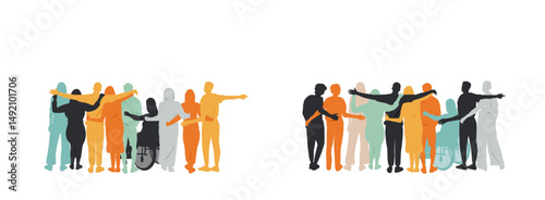Different people stand side by side together and hug each other. Set of two versions.