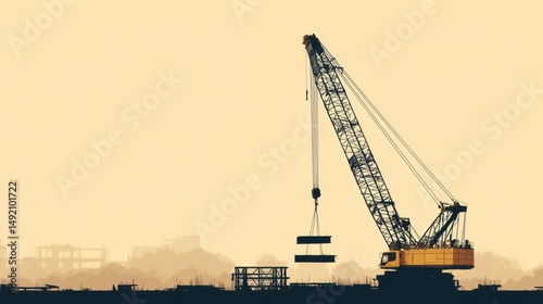 A silhouette of a crane lifting materials against a warm sunset backdrop, showcasing construction in a modern industrial setting.