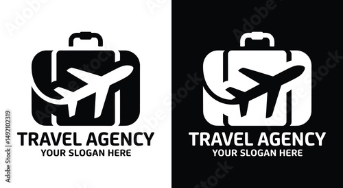 Travel Agency Logo Bold Black Suitcase and Airplane Design for Adventure Seekers