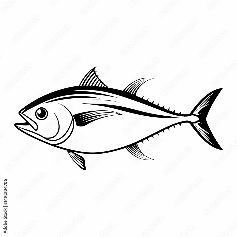 Obraz premium Black and White Tuna Fish Illustration – Stylized Side Profile Drawing for Logos, Science, or Symbolism SVG