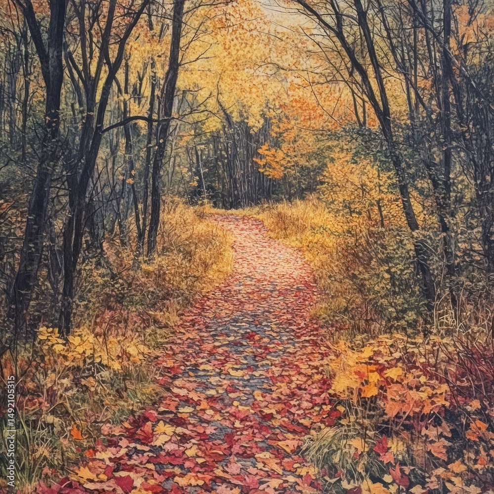 Obraz premium Autumn path strewn with fallen leaves.