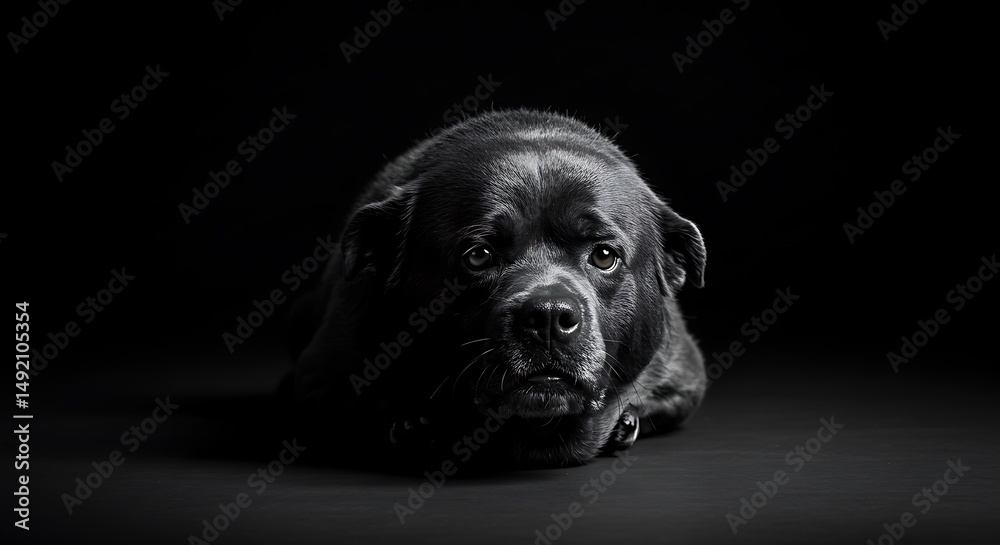 Fototapeta premium Dog Resting Head on Floor in Dark Studio Setting