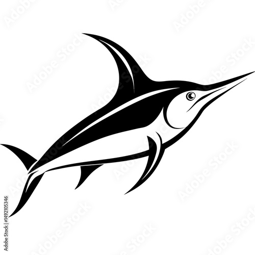 Stylized Marlin Fish Illustration – Bold Black and White Tribal Ocean Design SVG