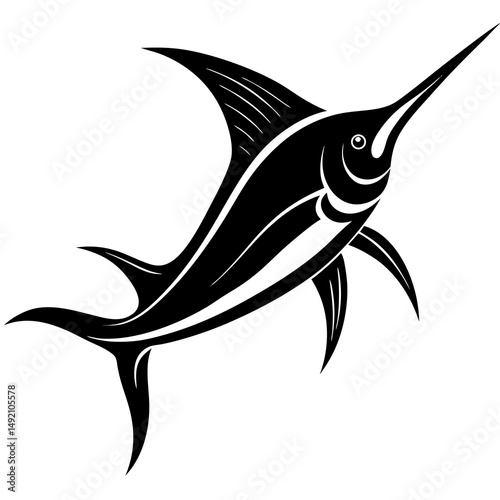Stylized Marlin Fish Illustration – Bold Black and White Tribal Ocean Design SVG
