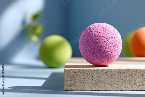 Colorful sponges on wooden block with soft shadows in sunlight