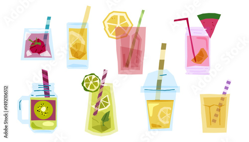 Cartoon Set of Summer Fruit Drinks. Colorful refreshing drinks with fruits, ice, and straws in a flat vector style on white background.