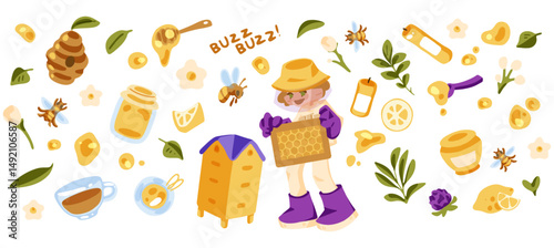 Beekeeping and Honey Elements Illustration Set. Cute illustration set with beekeeper, bees, hive, honey jars, flowers, and herbs on white background. 
