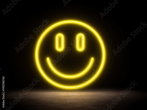 Bright yellow neon smiley face glowing in the darkness creating a cheerful ambiance representing happiness positivity and contemporary design emphasizing emotional expression