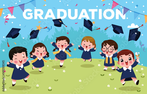 Group of cheerful student throwing graduation hats in the air celebrating, education concept.