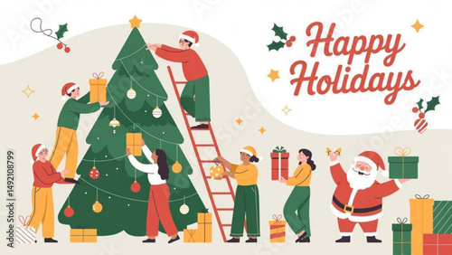 A festive vector-style illustration showing a group of diverse people decorating a large Christmas tree