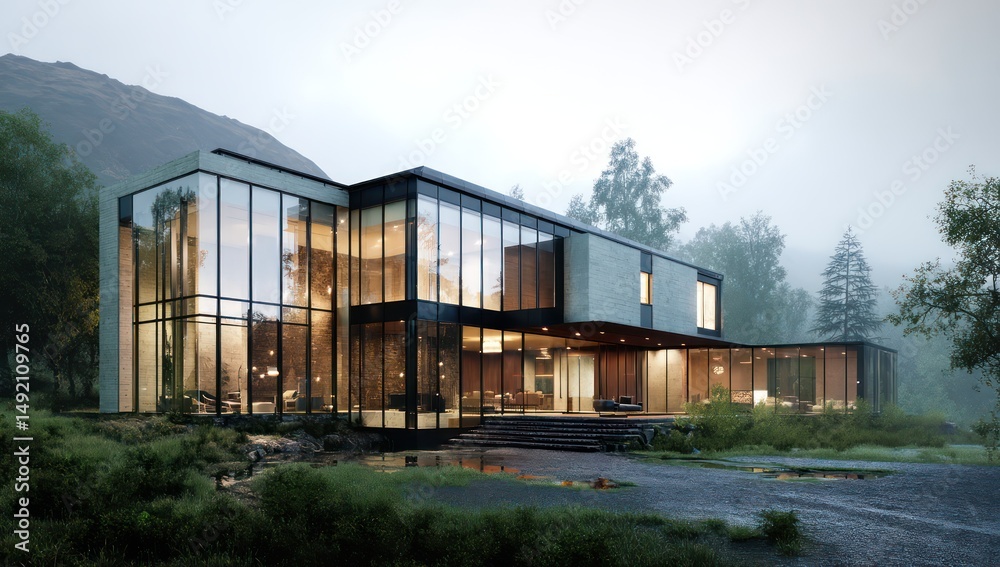 Naklejka premium Elegant modern house in the countryside, featuring large glass windows that invite natural light.