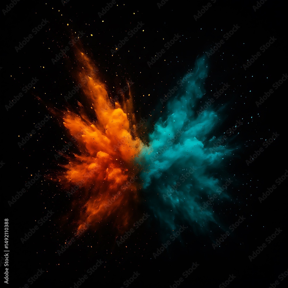 Naklejka premium Orange and teal powder explosion on black background