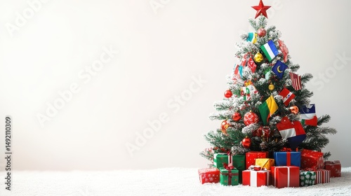 Festive christmas tree with diverse world flags and snowy decor