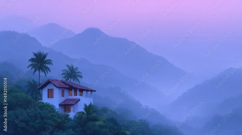 Fototapeta premium A serene hillside house surrounded by lush green trees and misty mountains glowing under a soft purple sky creating an enchanting tropical atmosphere at dawn captured with clarity