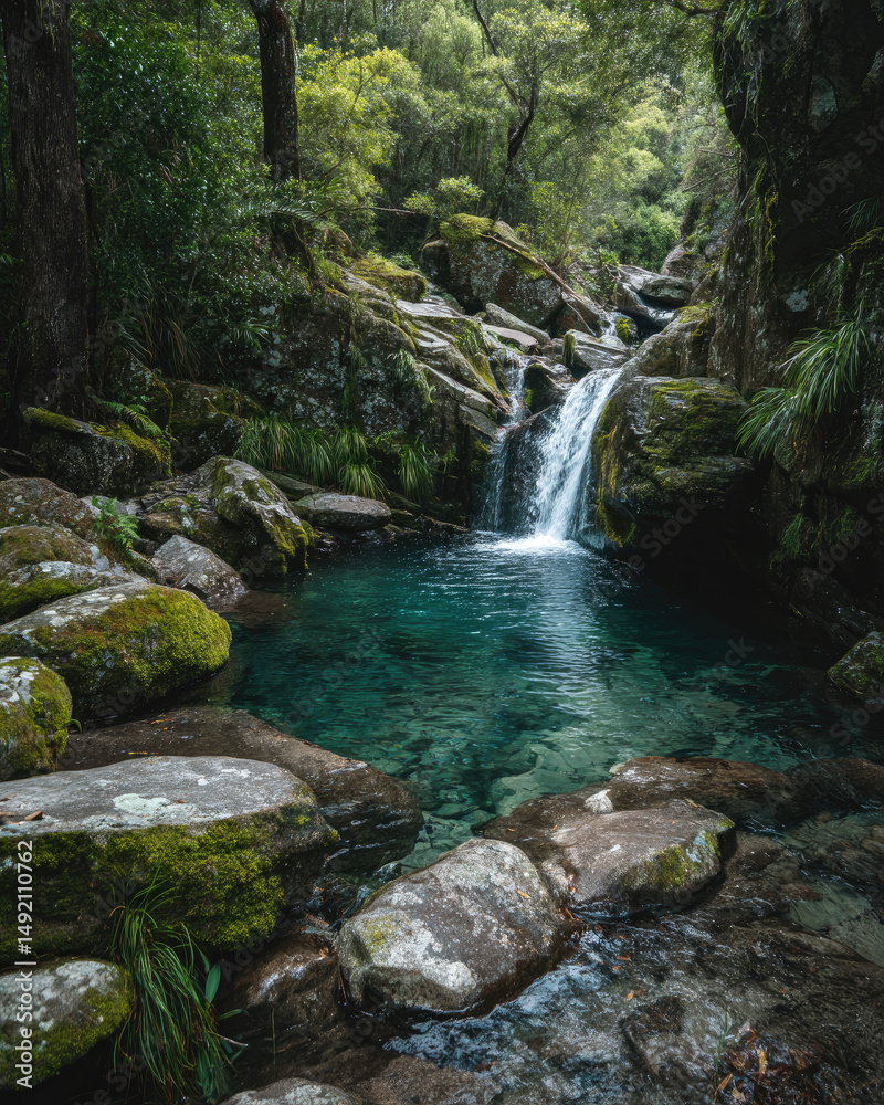 Naklejka premium Waterfall cascading into a crystal-clear blue pool surrounded by rocks perfect for nature escapes and tropical visuals