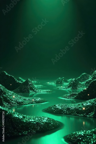 Emerald Green Glittering Isles Illuminated by Subtle Light Sources in a Dark Environment