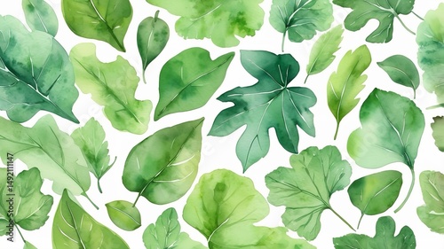A Watercolor of leafy green background with a few leaves in a foreground.
