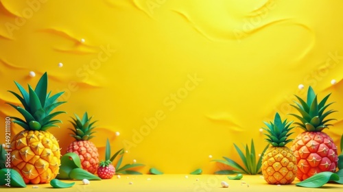 Vibrant Yellow Background Featuring Stylized Pineapples and Tropical Foliage, Perfect for Summer Themes or Product Displays