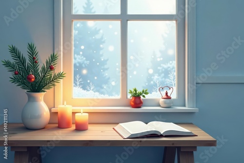 Cozy Winter Windowsill Scene with Festive Greenery, Burning Candles, and Open Book