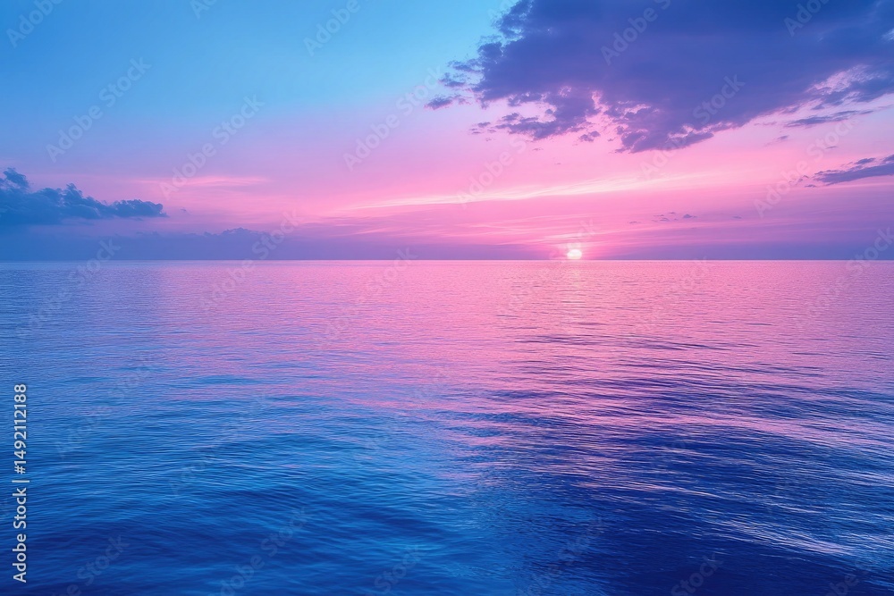 Obraz premium Pink sunset over ocean with blue water and soft clouds on the horizon. Use for peaceful, calming themes; travel blogs or nature photography.