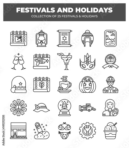 Collection of 25 Festivals and Holidays. Line Icons