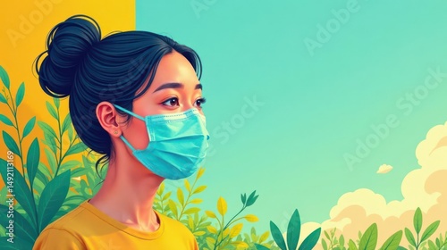 A Serene Portrait of a Woman Wearing a Face Mask Amidst Lush Greenery Under a Tranquil Sky