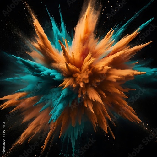 Vibrant teal and orange powder explosion against black background