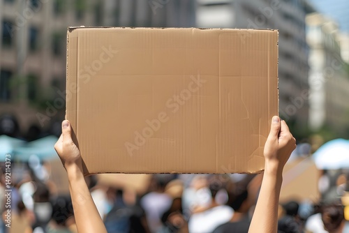Protestor Holding Up a Blank Cardboard Sign in a Crowd of People at a Rally or Demonstration