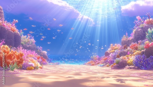 Underwater coral reef scene, vibrant colors, sunbeams, fish