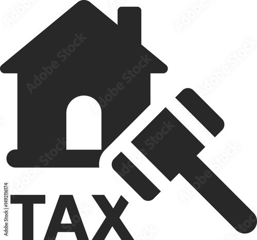 House with gavel and TAX text for property tax regulation, solid icon vector.