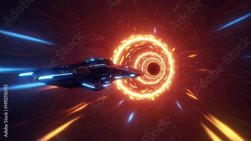 A futuristic spaceship navigating through a vibrant wormhole, surrounded by swirling cosmic energy and light trails