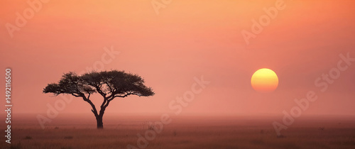 Lonely acacia tree standing in misty african sunrise landscape