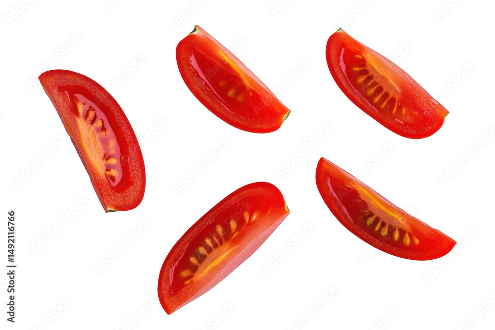 Freshly Sliced Red Tomato Pieces Isolated on Transparent Background Ready for Culinary Use Freshly Sliced Red Tomato Pieces Isolated on Transparent Background Ready for Culinary Use