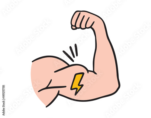 Strong muscle power concept with lightning icon doodle hand drawn. colorful cartoon line drawing clipart symbol