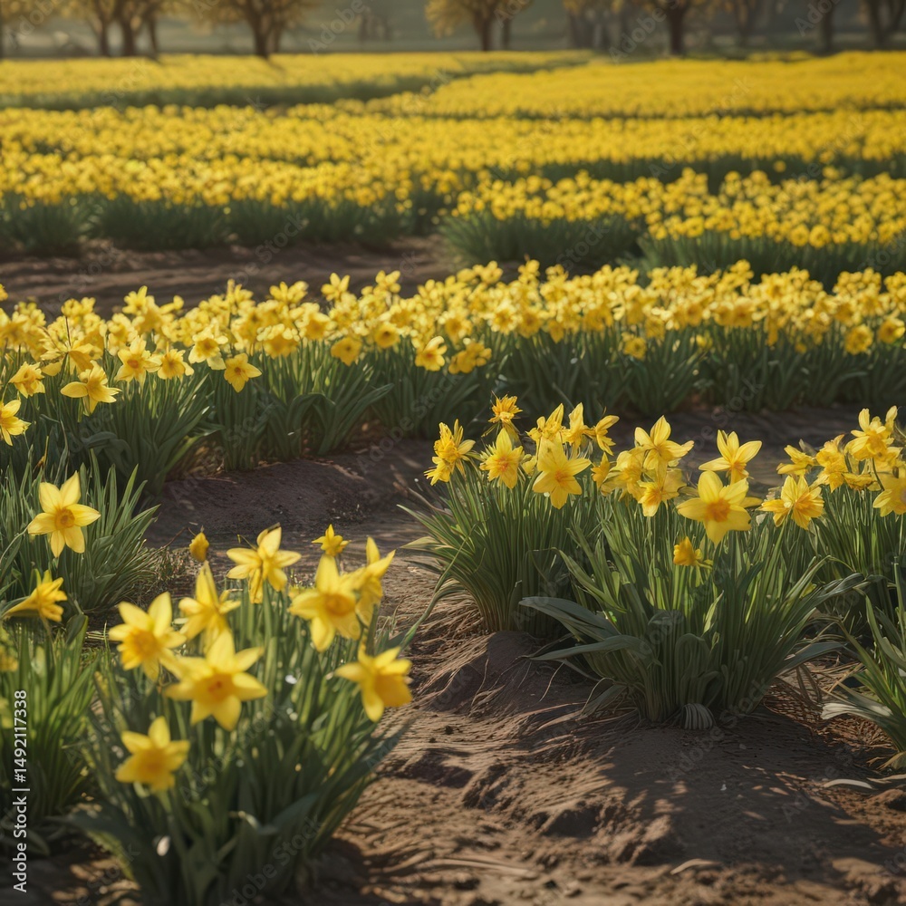 Obraz premium Sunlit daffodil field, vibrant yellow blooms, spring countryside, beautiful, plants