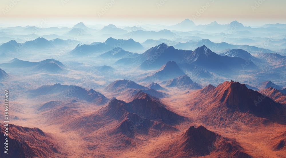 Naklejka premium Misty, reddish-brown mountains stretch into hazy distance