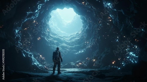 A lone figure standing in a luminous cave, surrounded by glowing rock formations and ethereal light, evoking a sense of exploration