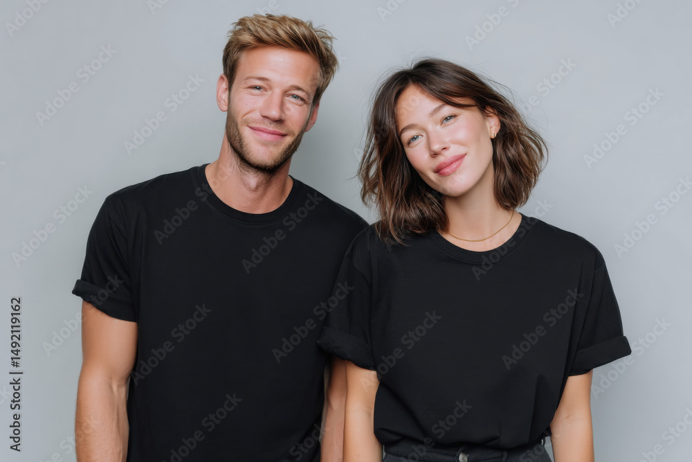 Fototapeta premium Smiling couple wearing black t shirts posing together on gray background