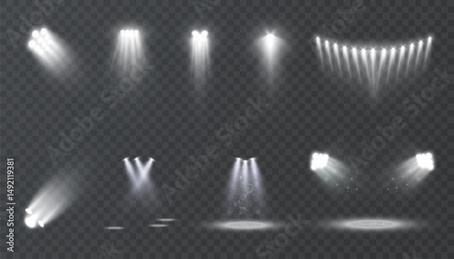 
Set of realistic spotlight beams with glowing white light on a transparent background. Studio stage lighting effects for shows, stages, photo zones, sports events or digital design.